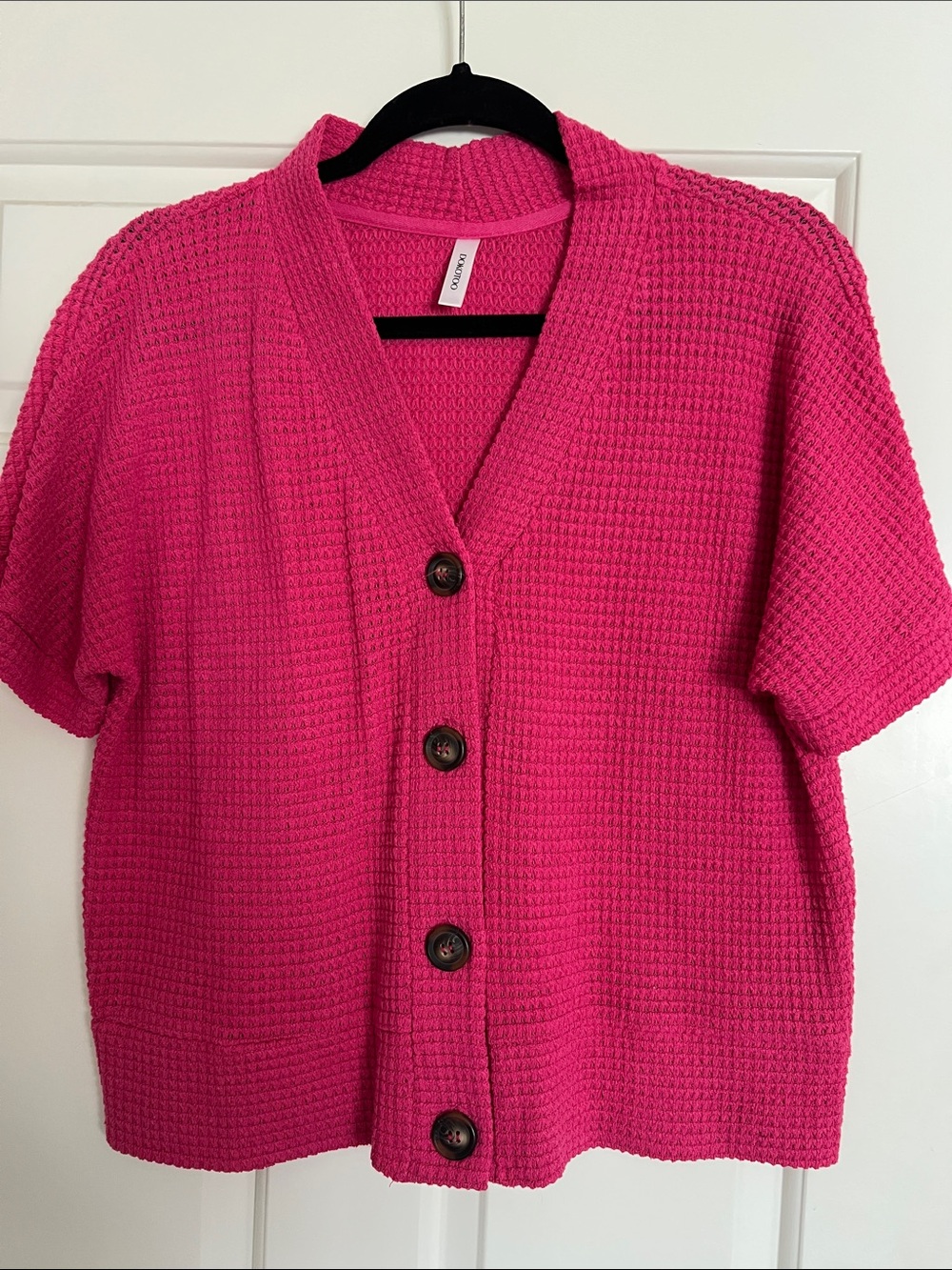 Short-Sleeve Waffle Knit Cardigan Sweater in Bright Pink